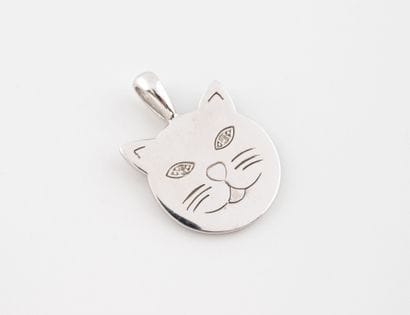 Pendentif tête de chat en or gris (750) pavé...