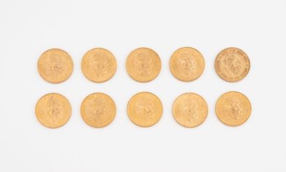 PAYS-BAS
Lot de 10 pièces de 10 florins or,...
