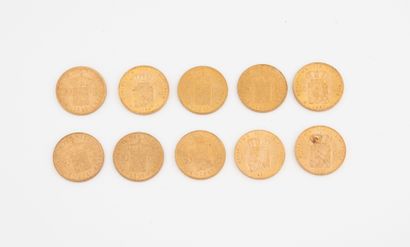 PAYS-BAS
Lot de 10 pièces de 10 florins or...