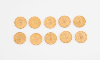 PAYS-BAS
Lot de 10 pièces de 10 florins or,...