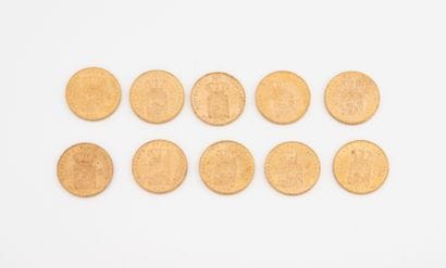 PAYS-BAS
Lot de 10 pièces de 10 florins or...