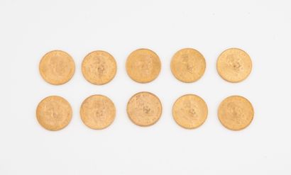 PAYS-BAS
Lot de 10 pièces de 10 florins or...