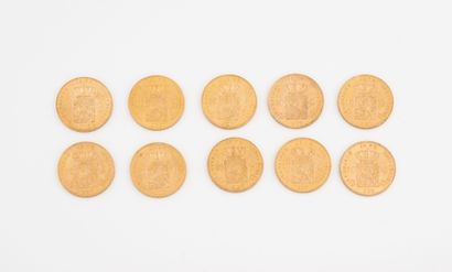 PAYS-BAS
Lot de 10 pièces de 10 florins or,...