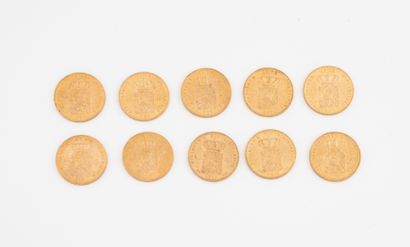 PAYS-BAS
Lot de 10 pièces de 10 florins or...