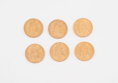 FRANCE
Lot of 6 20 franc gold coins (1906,...