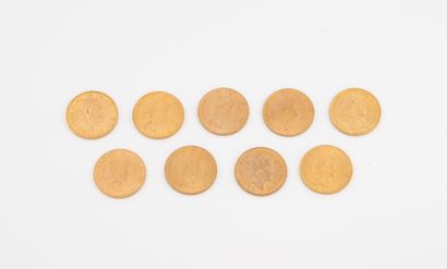 PAYS-BAS
Lot de 9 pièces de 10 florins or...