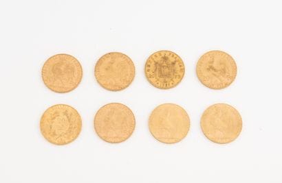 FRANCE,
Lot of 8 20 franc gold coins including...