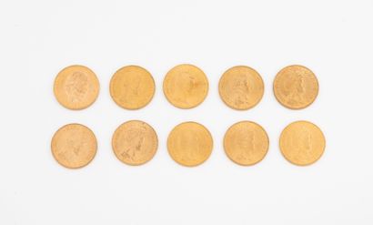 PAYS-BAS
Lot de 10 pièces de 10 florins or...