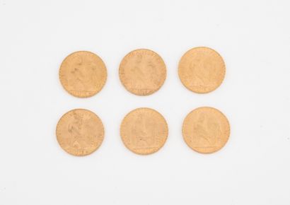 FRANCE
Lot of 6 20 franc gold coins (1906,...