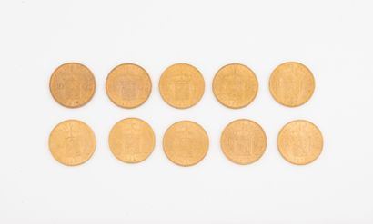 PAYS-BAS
Lot de 10 pièces de 10 florins or...