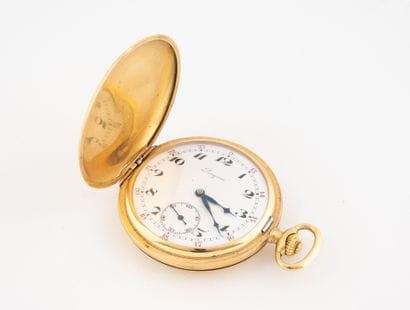 LONGINES,
Pocket watch in yellow gold (750).
White...
