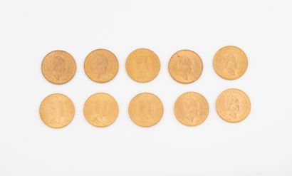 PAYS-BAS
Lot de 10 pièces de 10 florins or...