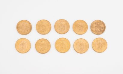 PAYS-BAS
Lot de 10 pièces de 10 florins or,...