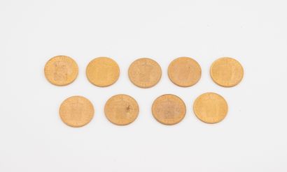 PAYS-BAS
Lot de 9 pièces de 10 florins or...