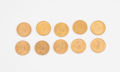 PAYS-BAS
Lot de 10 pièces de 10 florins or...