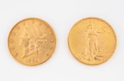 ETATS UNIS
Deux pièces en or de 20 dollars...