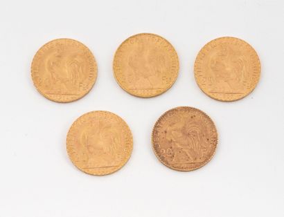 Lot of five 20 franc gold coins, 1907, 1908...