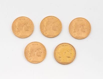Lot of five 20 franc gold coins, 1907, 1908...