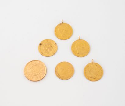 Lot de 5 pièces de 10 Francs Or et une pièce...