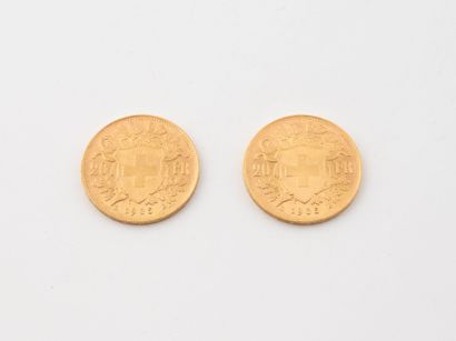 SUISSE
Deux pièces de 20 francs or, Helvetia,...