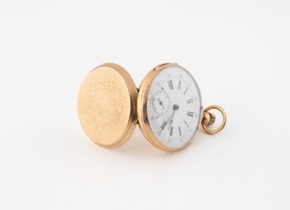 Yellow gold (750) gousset watch with guilloché...