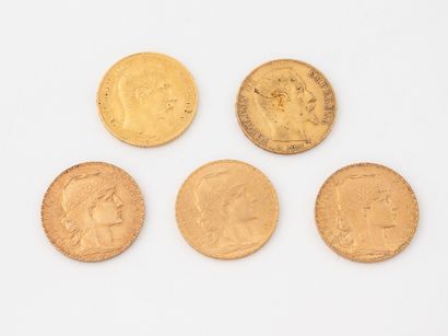 FRANCE,
Cinq pièces de 20 francs or à l'effigie...