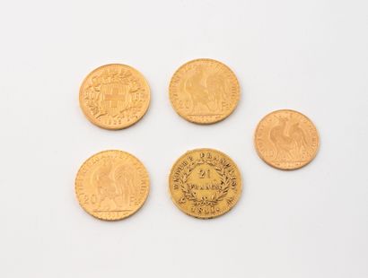 Lot de 4 pièces en or de 20 Francs dont 1...