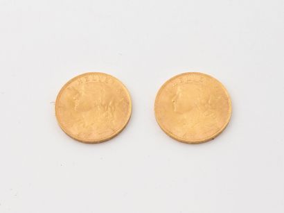 SUISSE
Deux pièces de 20 francs or, Helvetia,...