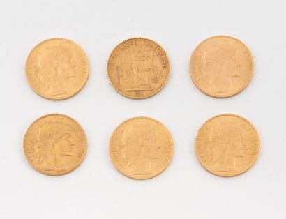 Lot of six 20 franc gold coins, 1890, 1904,...