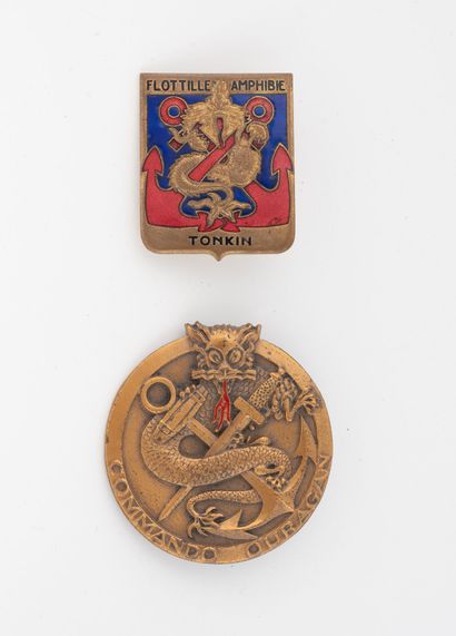 Two badges: Tonkin amphibious flotilla. Numbered...