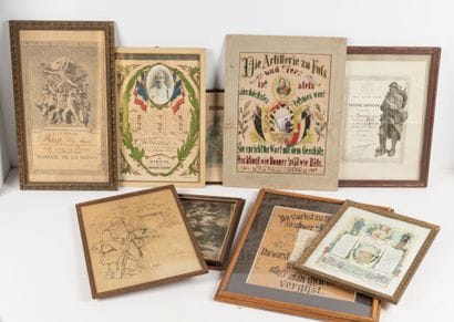 Lot de 9 pièces encadrées : gravures et souvenirs...