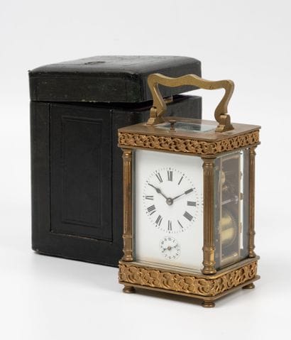 Bronze and brass travel clock with handle...