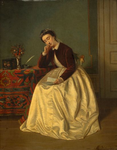 Agapit STEVENS (1849-1917) 
La lettre d'amour.
Huile...