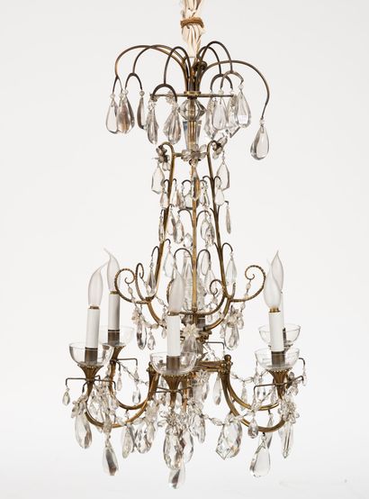 Brass and glass chandelier with six arms,...