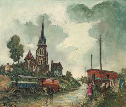 Frank WILL (1900-1950)
Campement devant l'église.
Huile...