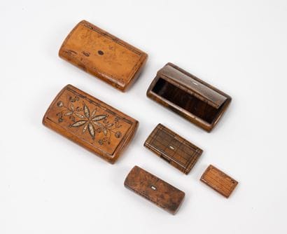 Six rectangular or oblong snuffboxes in wood...
