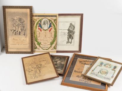 Lot of 8 framed pieces: engravings and souvenirs...