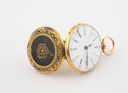 Yellow gold (750) collar watch, black enameled...