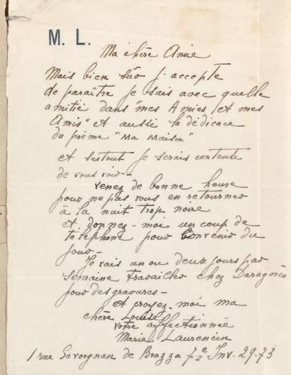 Laurencin (Marie)
Lettre autographe, signée,...