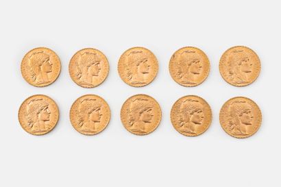FRANCE
Ten 20 franc gold coins, French Republic,...
