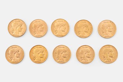 FRANCE
Lot of ten 20 franc gold coins, French...