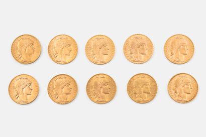 FRANCE
Lot of 10 coins 20 francs gold, French...