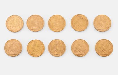 FRANCE
Lot of ten 20 franc gold coins, French...