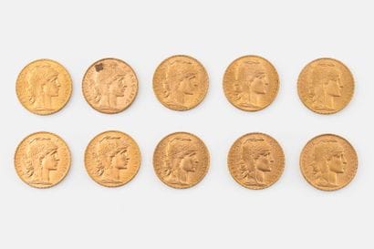 FRANCE
Lot of ten 20 franc gold coins, French...