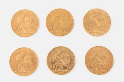 FRANCE
Lot of six 20 franc gold coins, French...