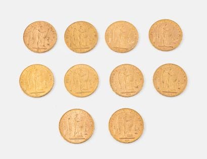 FRANCE
Lot of ten 20 franc gold coins, French...