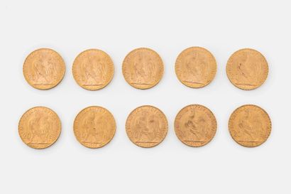 FRANCE
Lot of ten 20 franc gold coins, French...