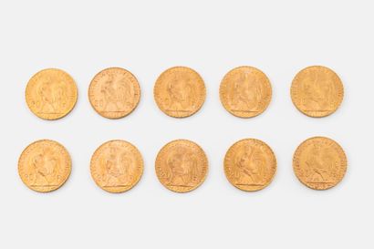 FRANCE
Lot of ten 20 franc gold coins, French...