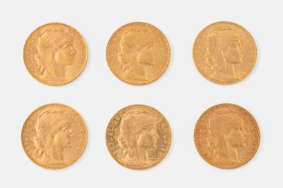 FRANCE
Lot of six 20 franc gold coins, French...