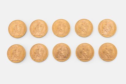 FRANCE
Ten 20 franc gold coins, French Republic,...